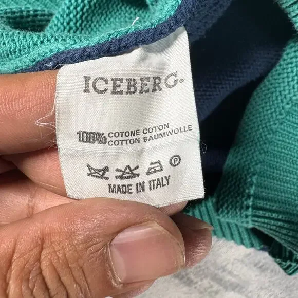 Vintage 90s Iceberg Made in Italy Beer Fishing Graphic Knit Cotton Sweater Sz XL